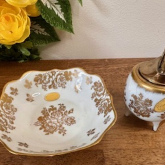Vintage Limoges Hand Painted Porcelain Table Lighter and Matching Bowl Set Gold - Picture 3 of 8